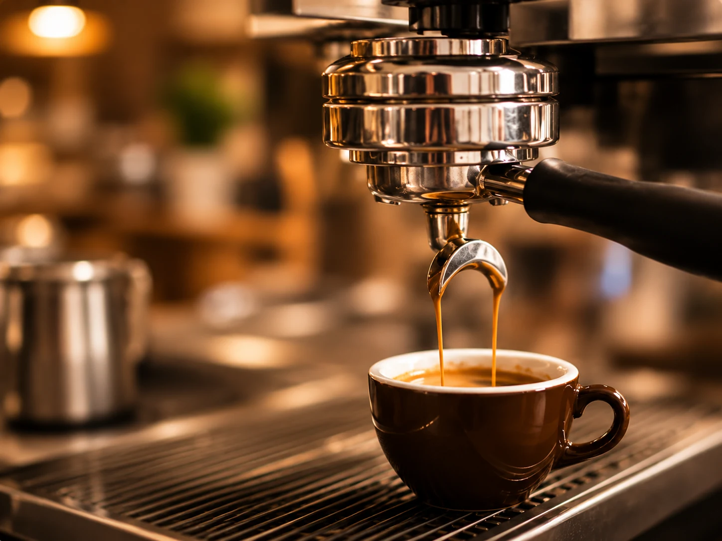Espresso pouring from a machine portafilter into a warm ceramic cup