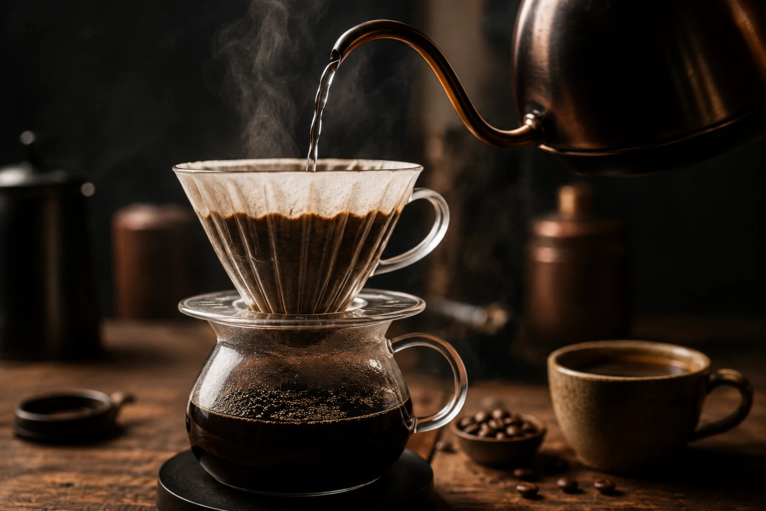 A pour-over of Ethiopian coffee being brewed into a glass carafe