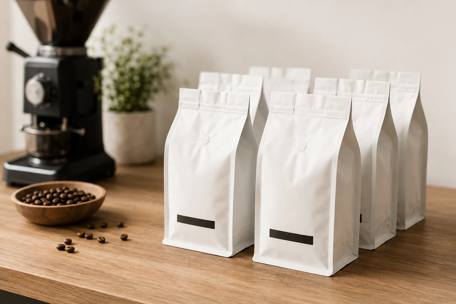 Two bags of whole bean coffee on a workbench beside a grinder