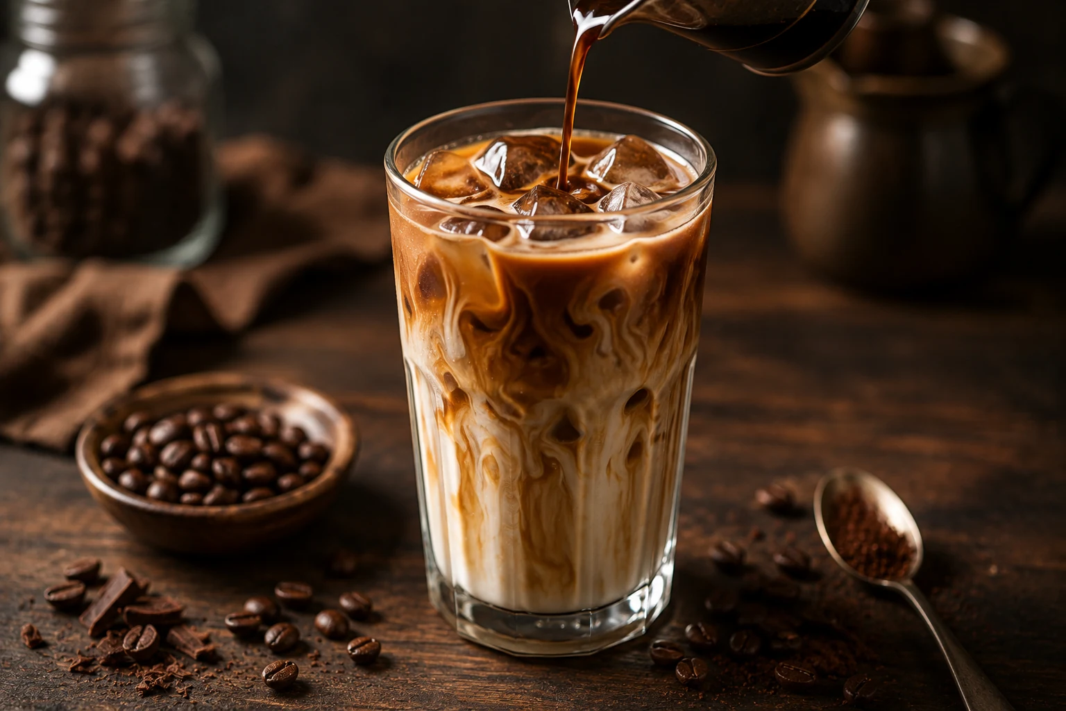 Coffee poured over ice into a tall glass of milk