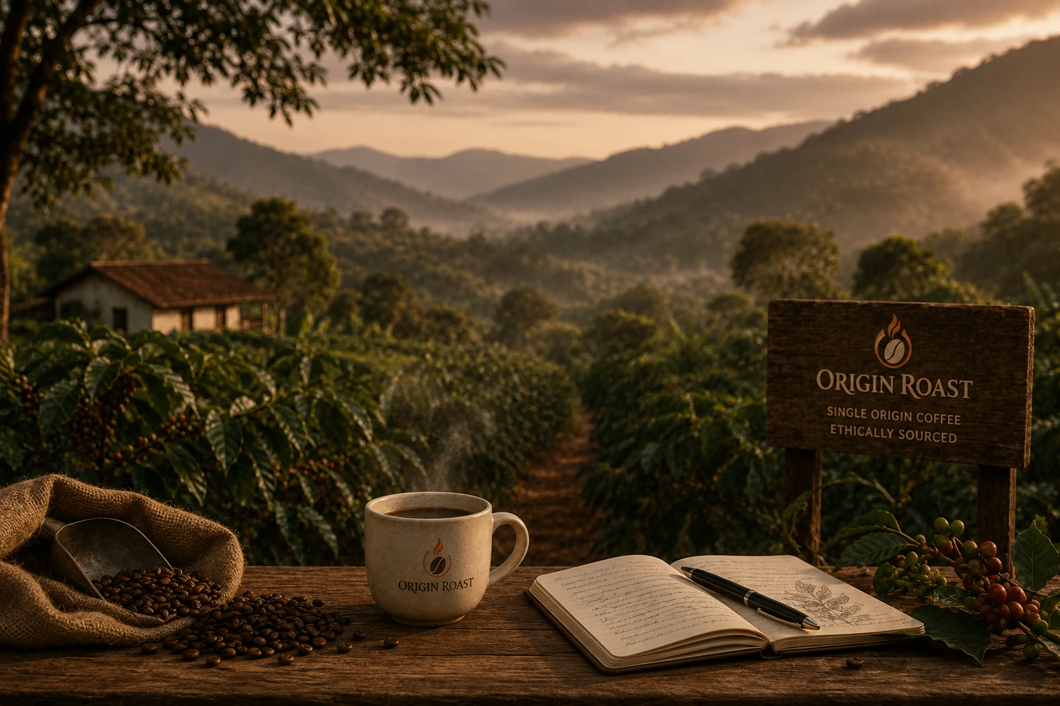 A cup of Origin Roast coffee and an open notebook on a table above a coffee farm at sunrise