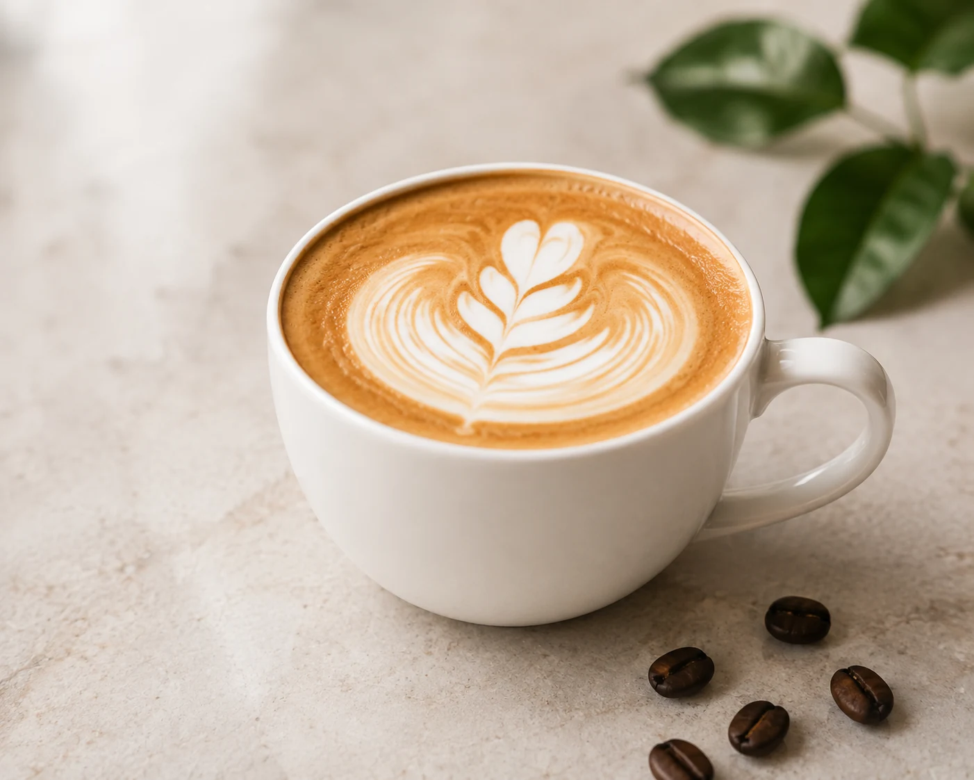A latte with poured art in a white cup, beside roasted beans and a coffee plant