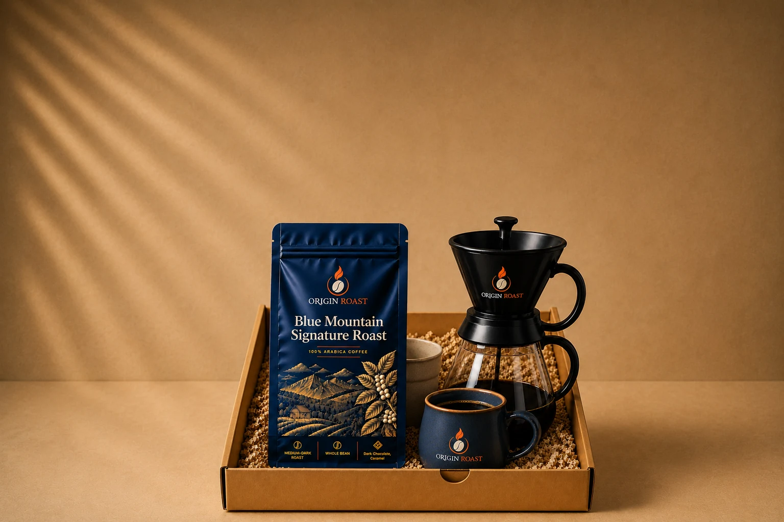 Essentials gift box holding a Blue Mountain signature roast bag, a pour-over set and a mug