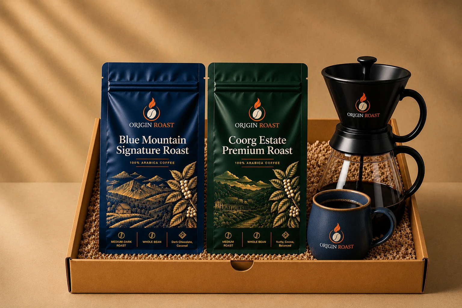 Duo gift box holding two coffee bags, a pour-over set and a signature mug