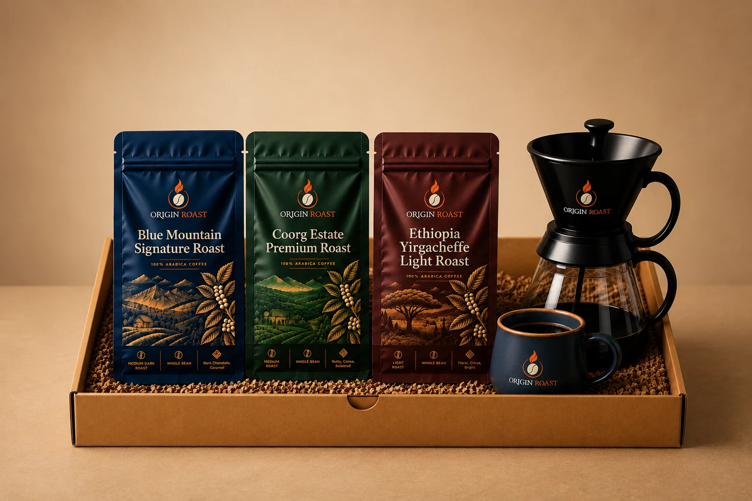 Signature trio gift box holding three coffee bags, a pour-over set and a signature mug