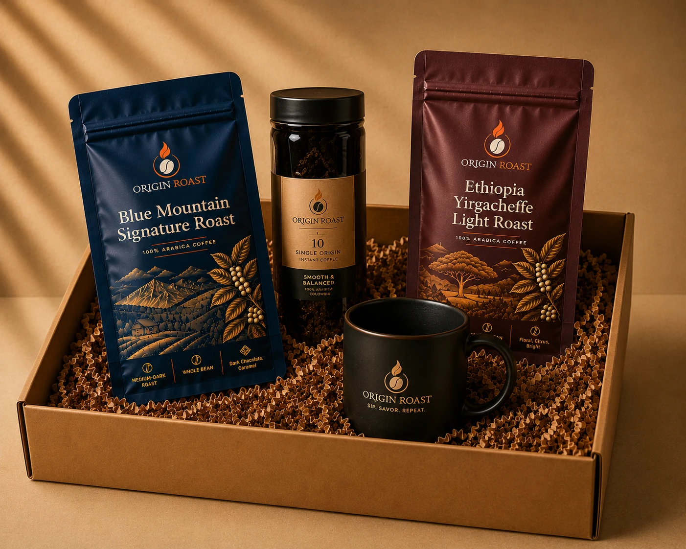 Explorer gift box holding three signature coffee blends, an instant tin and a premium mug