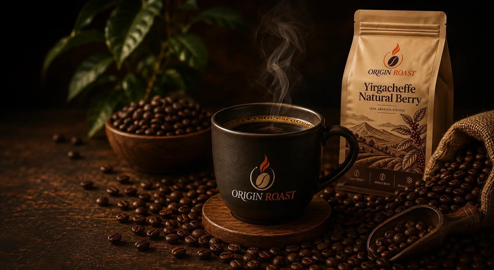 A steaming cup of Origin Roast coffee on a wooden slab, surrounded by roasted beans, a burlap sack and a brass scoop