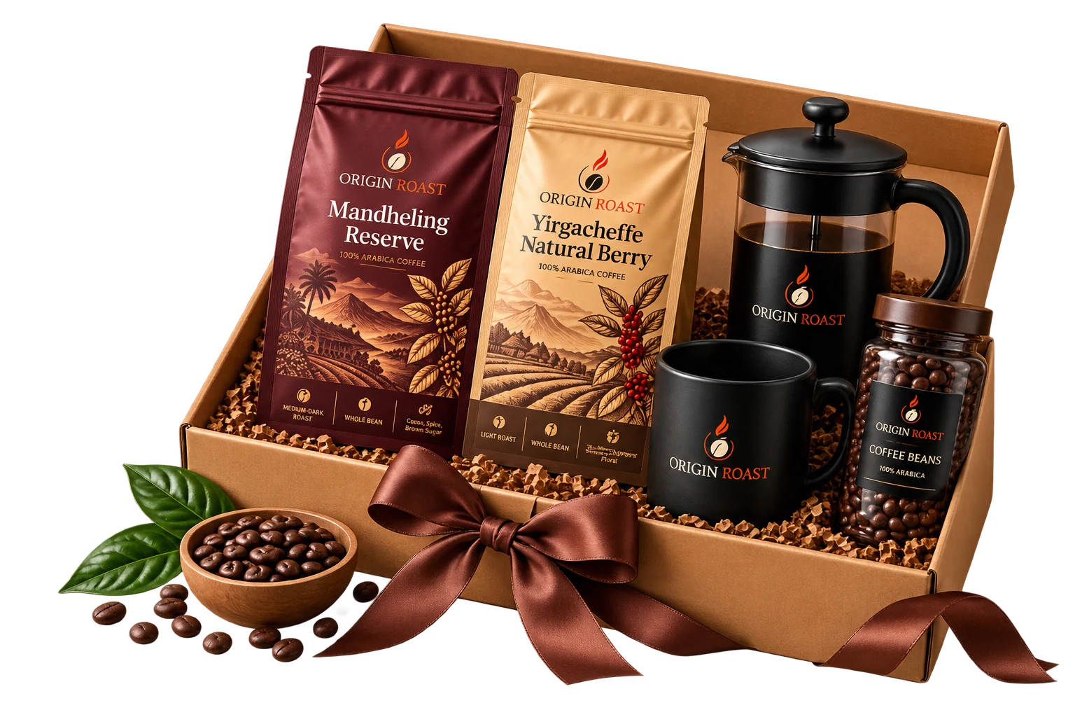 An open gift box holding two coffee bags, a french press, a mug, a jar of beans and a bowl of roasted beans, tied with a ribbon