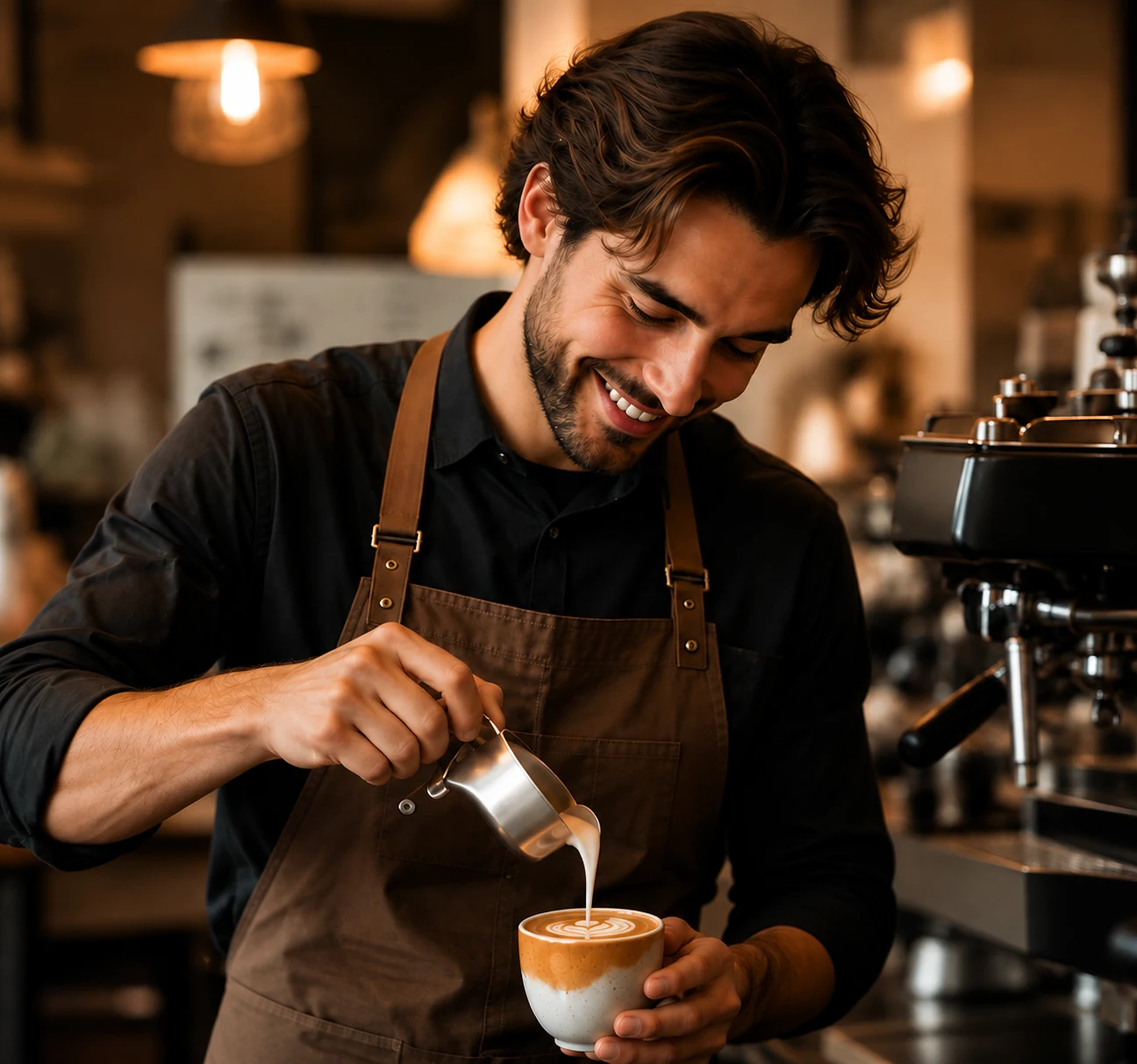 Liam Carter pouring milk into a cup behind the bar