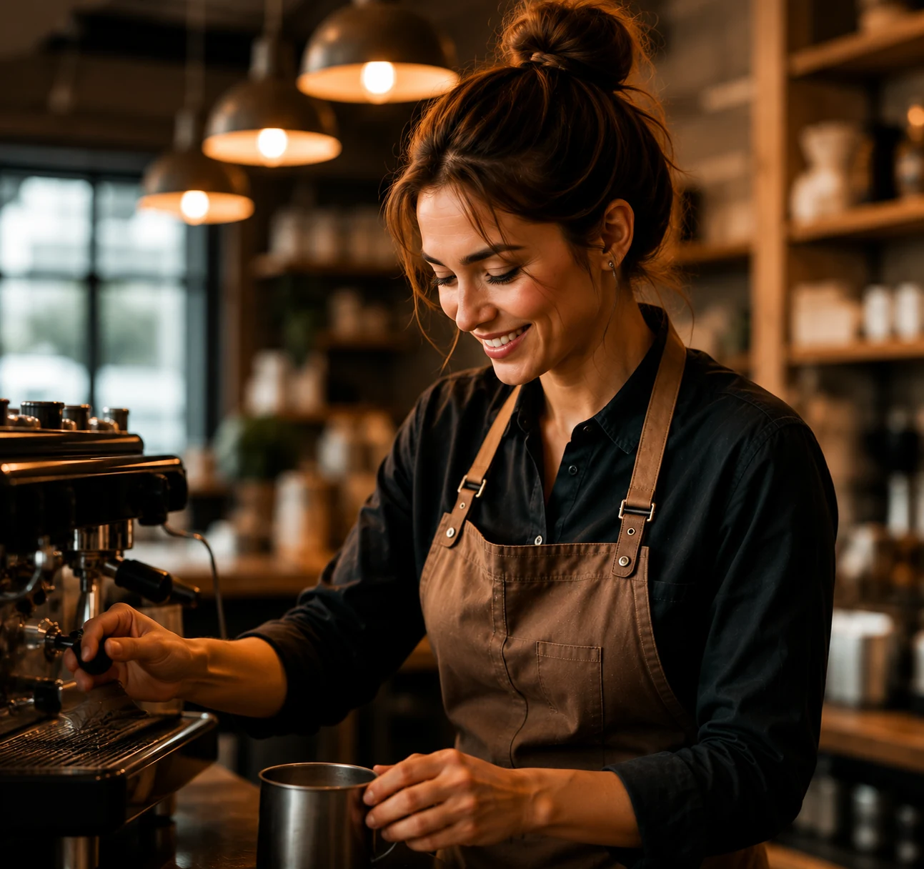 Olivia Harper at the espresso machine with a milk jug in her hand